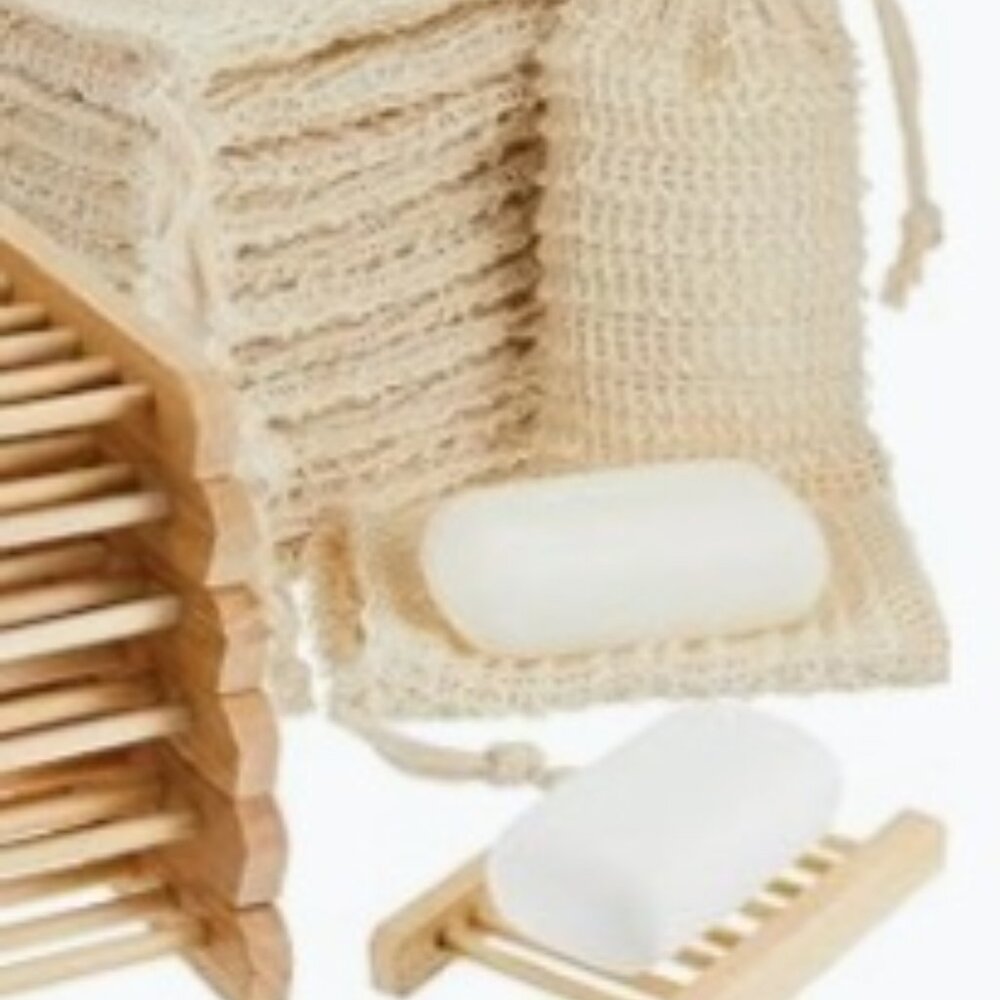 Bamboo soap saver and Exfoliation bag and a bar of healing soap.